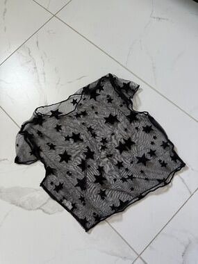 Black Mesh Star Print Short Sleeve Crop Top - XS